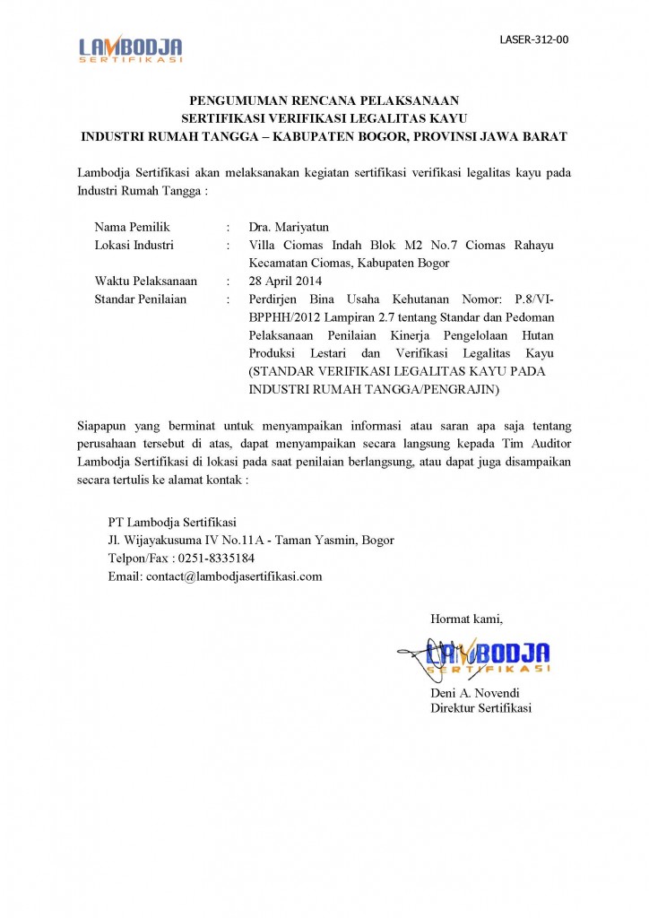 Pengumuman Rencana VLK Industri Rumah Tangga Mariyatun