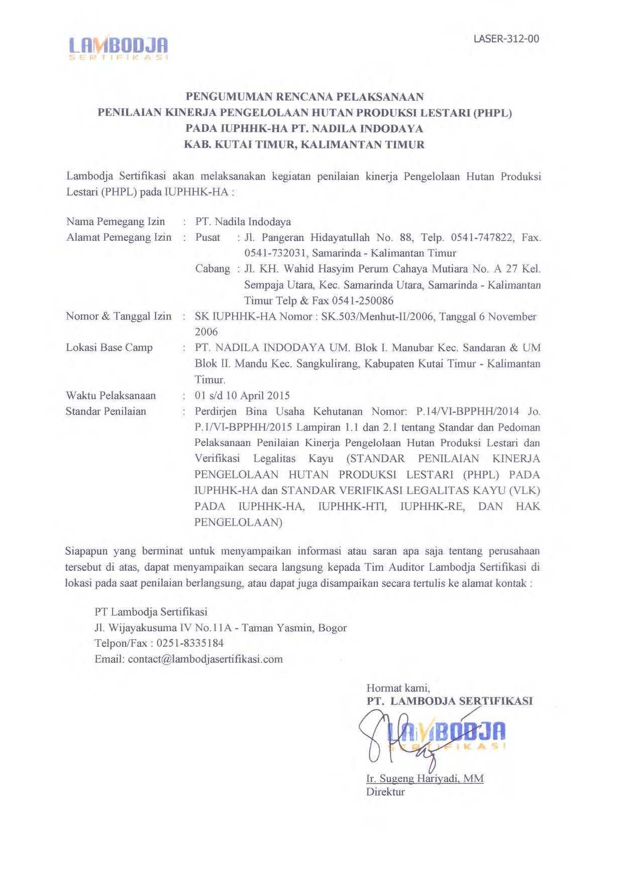 Pengumuman Rencana PHPL IUPHHK-HA PT. Nadila Indodaya