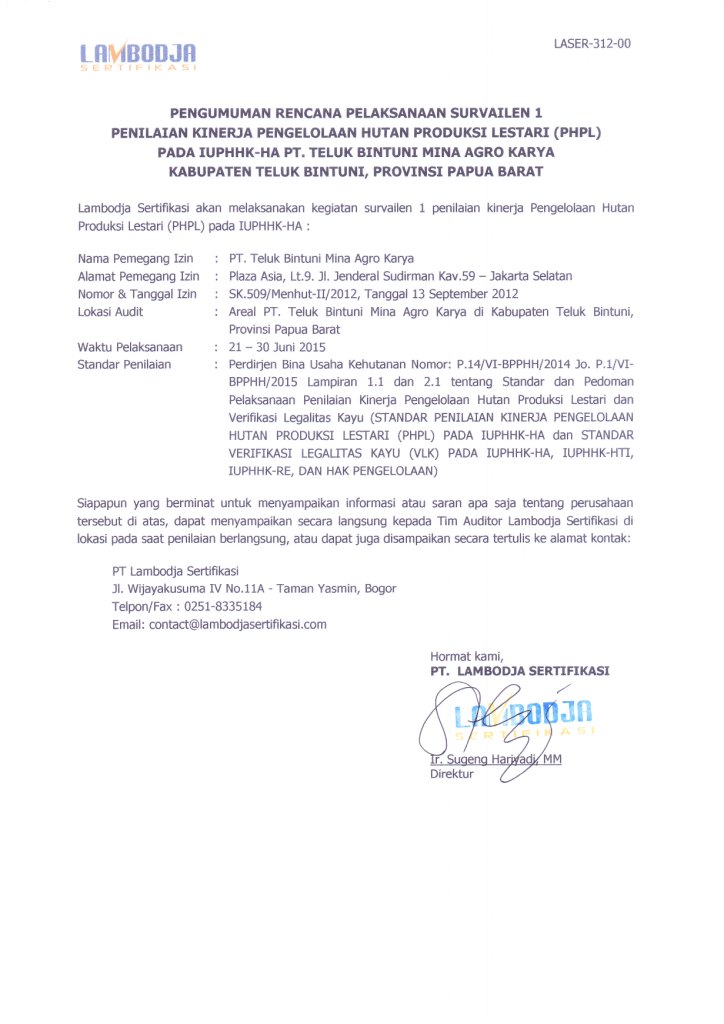 Pengumuman Rencana Survailen 1 PHPL IUPHHK-HA PT. Teluk Bintuni Mina Agro Karya